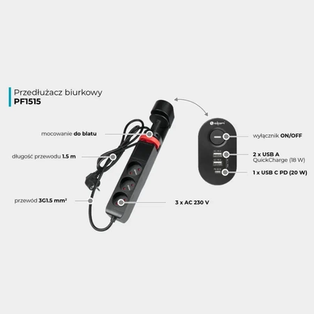Listwa zasilająca 3 gniazda + 3× USB, przewód 1,5 m, 16 A, 3G1,5, podblatowa, z uziemieniem, czarna, DPM