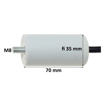Kondensator rozruchowy do silnika 10uF 450VAC, przewody 15cm, 35x70mm