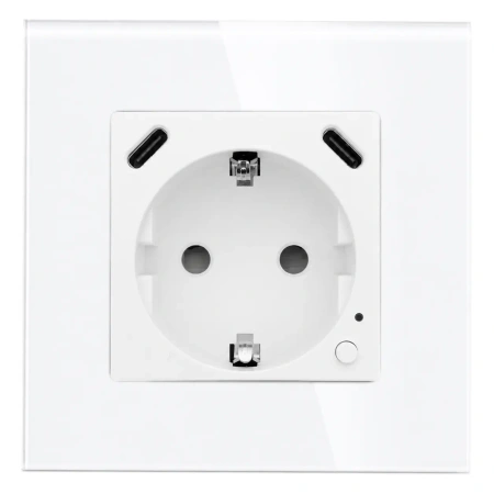Gniazdo elektryczne Schuko z USB-C 20W z pomiarem energii (watomierz) WiFi i Bluetooth białe podtynkowe z ramką szklaną - TAWOIA Smart Home
