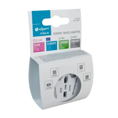 Adapter podrozny na wtyk europejski, gniazdo uniwersalne, 250 V 10 A, bialy, DPM PF01EU-W
