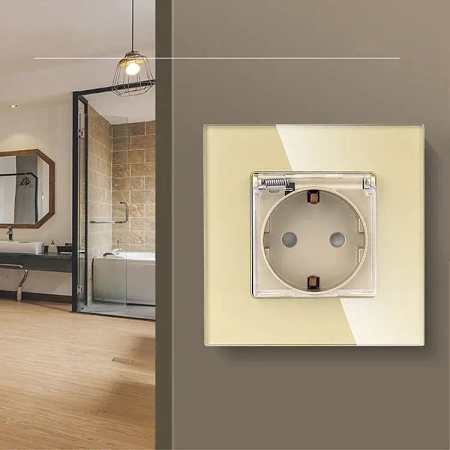 Gniazdo elektryczne Schuko IP44 z klapką - szklana ramka - złote - Tawoia Glass