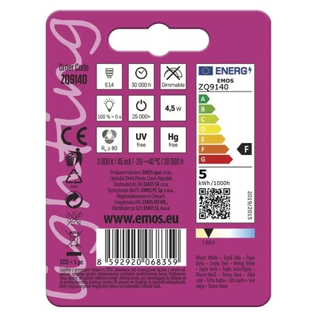 Żarówka LED E14 4.5W 465lm b. ciepły, do okapu