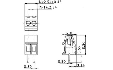 Złącze śrubowe 3 pola, raster 2.54, h=8.5mm