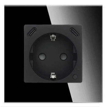 Gniazdko pojedyncze Schuko, 2x USB-C 20W - watomierz - ZigBee - szklana ramka - czarny - Tawoia Glass