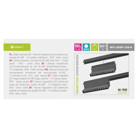 Reflektor szynowy magnetyczny liniowy 12W 960lm 4000K czarny M-LINE