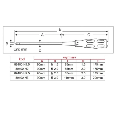 Wkrętak precyzyjny imbusowy 2,5 mm, ProsKit 89400-H2.5