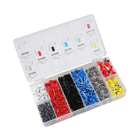 Zestaw tulejek, końcówek kablowych izolowanych 1200szt + zaciskarka, E6223