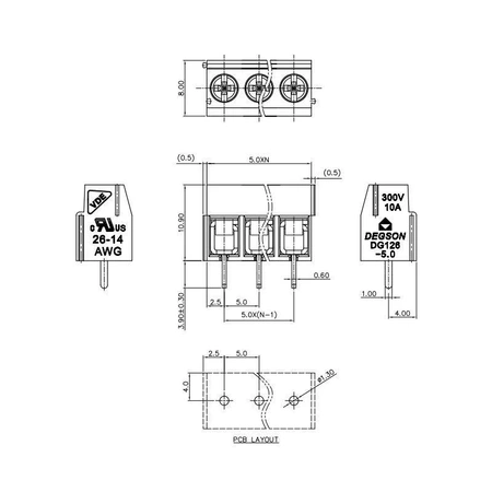 Złącze śrubowe do druku, 2 pola, raster 5mm, wysokość 10,2mm, 300V / 10A, 1,5mm², śruba M2,5, Degson DG126