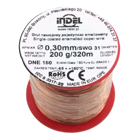 Drut nawojowy emaliowany 0,30 mm, DNE 180, miedź, szpulka 200 g, ok. 320 m