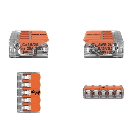 Szybkozłączka WAGO 221-415 z dźwigniami na 5 przewodów, drut i linka 0,2-4mm², 32A 450V