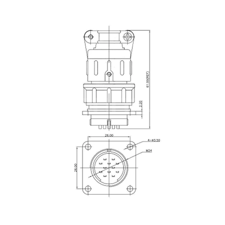 Gniazdo + wtyk na panel, aluminiowy, dł 61mm, seria C07 / 19 pin
