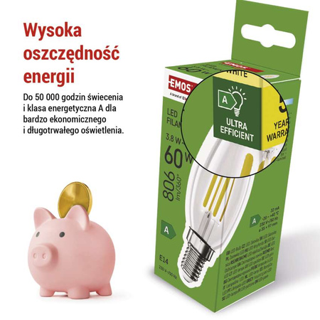 Żarówka LED E14 świeczka, 3,8 W, odpowiednik 60 W, ciepła biel, 806 lm, filament, EMOS ZAR-E-ZF3A42