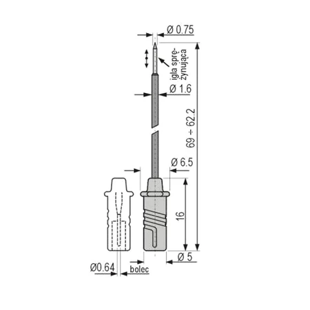 Sonda probiercza mini, ostra igła sprężynująca, czerwona