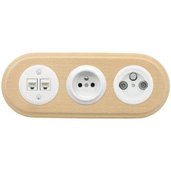 Gniazdo Ethernet Cat6 x2 + Gniazdo elektryczne + Gniazdo TV/SAT białe z ramką potrójną jasne drewno, montaż podtynkowy, Ceramic Loft