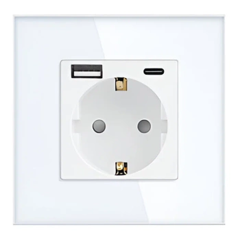 Gniazdo elektryczne Schuko z USB A+C 20W białe podtynkowe z ramką szklaną - TAWOIA Glass
