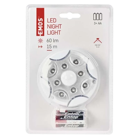 Lampka nocna 8× LED 3× AA, 90lm, czujnik PIR, biała