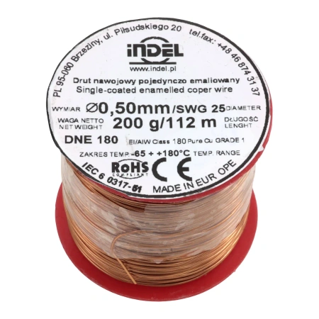 Drut nawojowy emaliowany 0,50 mm, DNE 180, miedź, szpulka 200 g, ok. 112 m