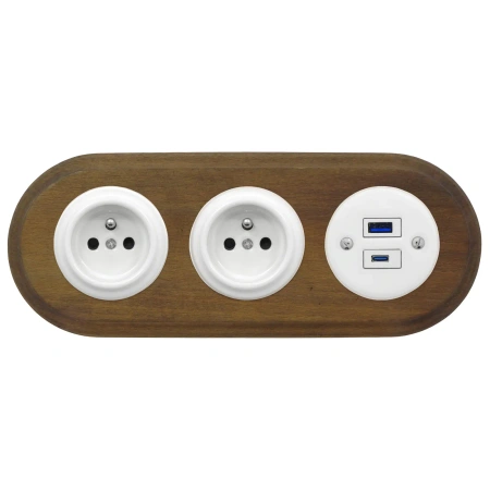 2x Gniazdko elektryczne okrągłe + Gniazdko USB A+C 4A białe z ramką potrójną ciemne drewno, montaż podtynkowy, Ceramic Loft