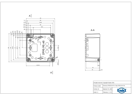 Obudowa hermetyczna ZP90.90.60JH, 90 × 90 × 60 mm, ABS, jasnoszara, Kradex