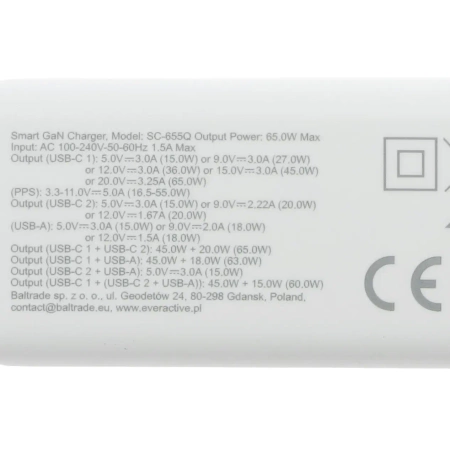 Ładowarka USB, ładowarka sieciowa USB, 2xUSB-C PD PPS QC4 65W, everActive GaN SC-655Q