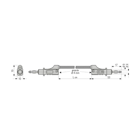 Przewód PVC 1mm2 z 2 wtykami prostymi 4mm 20A z dodatkowym gniazdem 4mm, 1.5m czarny