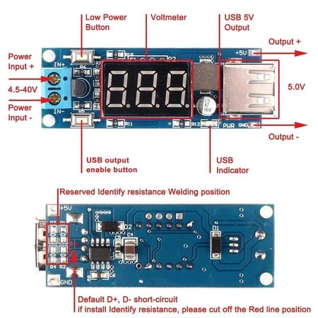 Zasilacz USB 5V 2A - przetwornica 6-40V na 5V z woltomierzem i nastawami prądu