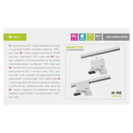 Reflektor szynowy magnetyczny liniowy podwójny regulowany 6W 480lm 4000K biały M-LINE