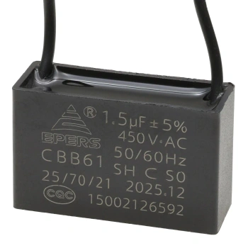 Kondensator rozruchowy do silnika 1,5µF 450VAC, CBB61, przewody 20 cm, 37 × 13 × 23 mm, EPERS