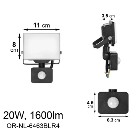 Naświetlacz bezramkowy z PIR 20W, 1600lm, IP44, 4000K, PORTO S