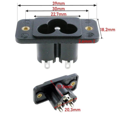 Gniazdo zasilania AC, koniczynka 3 pin, do obudowy, przykręcane