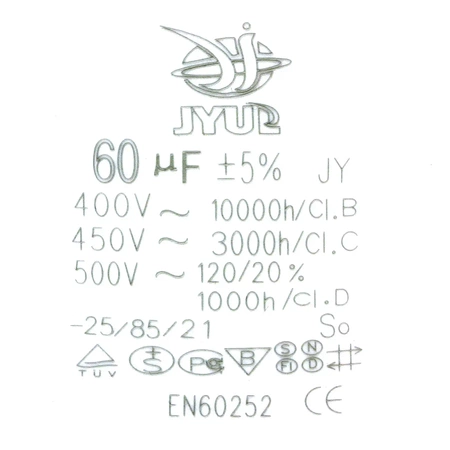 Kondensator rozruchowy do silnika, CBB60 60uF 450Vac 50x120mm konektor