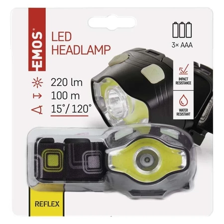 Latarka czołowa LED, 3 W, 220 lm, dioda COB, 3 × AA, zasięg 100 m, EMOS P3536