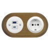 Gniazdo USB A+C 4A + Gniazdo elektryczne okrągłe białe z ramką podwójną ciemne drewno, montaż podtynkowy, Ceramic Loft