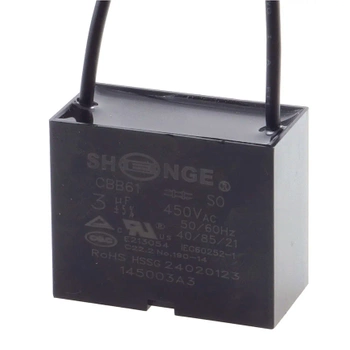 Kondensator rozruchowy do silnika 3µF 450VAC, CBB61, przewody ok. 10 cm, 38 × 19 × 31 mm
