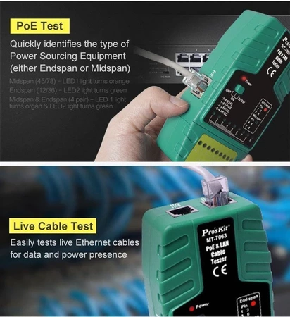 Tester LAN + PoE (RJ45, RJ11, RJ12), Proskit MT-7063