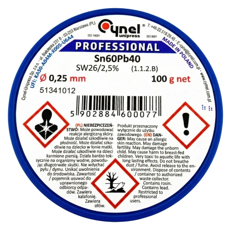 Cyna lutownicza z topnikiem SW26 - 0.25mm - spoiwo Sn60Pb40 Cynel 100g