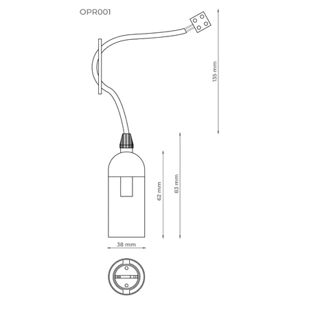 Oprawka budowlana E27 z kablem i kostką, biała, OPR001