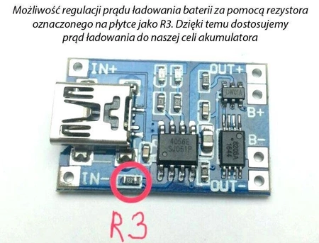 Zasilacz buforowy - Ładowarka Mini USB 1A do Li-Ion, Li-pol - na TP4056