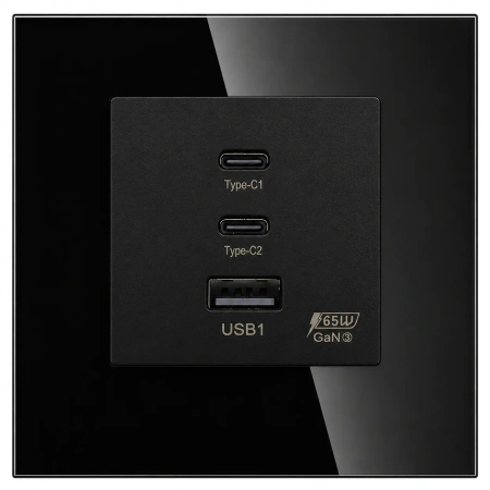 Ładowarka USB A + 2xC 65W GaN czarna podtynkowa z ramką szklaną - TAWOIA Glass