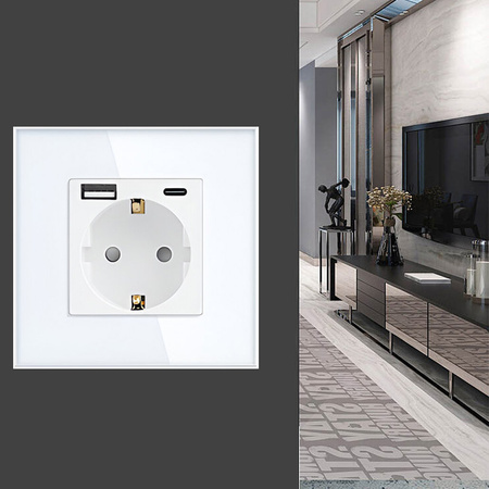 Gniazdo elektryczne pojedyncze Schuko z USB A+C 20W - szklana ramka - białe - Tawoia Glass