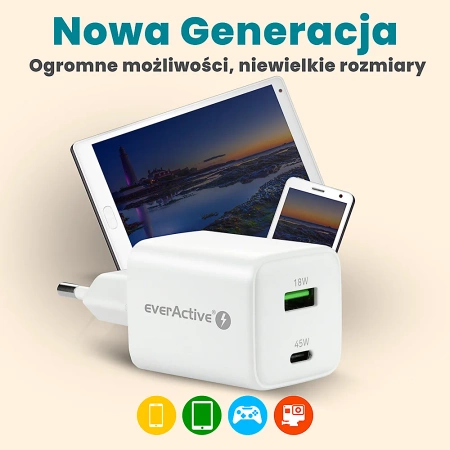 Ładowarka sieciowa everActive GaN SC-450Q z gniazdem USB oraz USB-C PD PPS QC4+ 45W