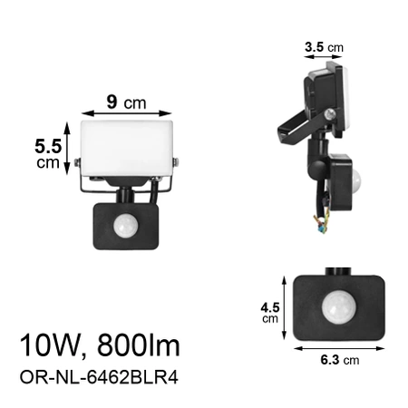 Naświetlacz bezramkowy z PIR 10W, 800lm, IP44, 4000K, PORTO S