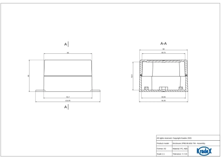 Obudowa hermetyczna ZP90.90.60UJH, 91,6 × 91,4 × 60 mm, ABS, jasnoszara, z uchem, Kradex