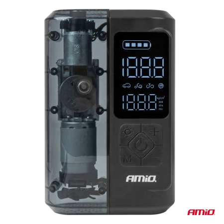 Kompresor samochodowy bezprzewodowy z wyświetlaczem LED 40W USB-C, max 10 bar, powerbank 2x2000 mAh, AMIO-04278