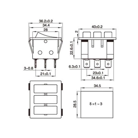 Włącznik ON-OFF klawiszowy potrójny KCD3-303L, czerwony, podświetlany