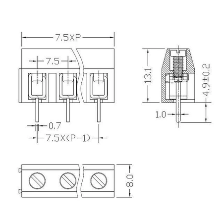 Złącze śrubowe XY705V, 3 pola, raster 7.5, h=13.1mm