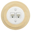 Gniazdo Ethernet Cat.6 x2 okrągłe białe ceramiczne podtynkowe z ramką drewnianą jasną - Ceramic Loft