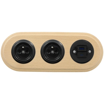 2x Gniazdko elektryczne okrągłe + Gniazdko USB A+C 4A czarne z ramką potrójną jasne drewno, montaż podtynkowy, Ceramic Loft