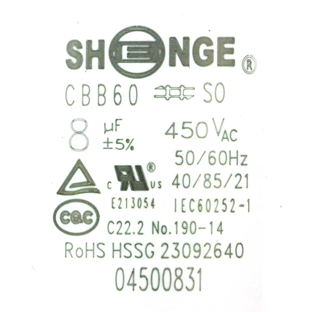 Kondensator rozruchowy do silnika 8µF 450VAC, CBB60, konektory, Ø35 × 60 mm