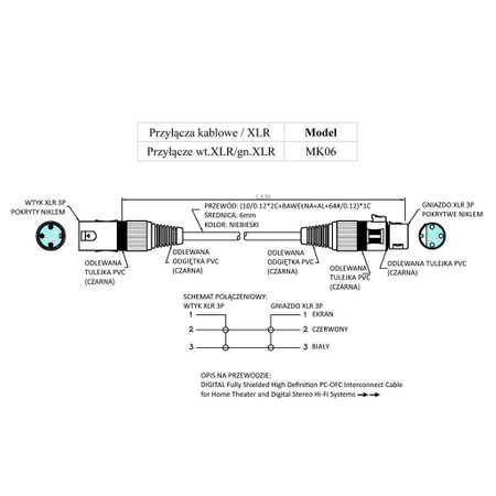 Przyłącze kablowe XLR MK06 Vitalco, wtyk - gniazdo, kabel mikrofonowy 3m